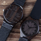 Men's Ebony Wood Watch - Leather Strap, Engraved Back