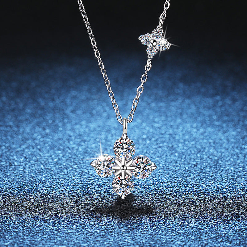 S925 Sterling Silver Four-Leaf Clover Clavicle Necklace with 1.2 Carat Moissanite Pendant - High-End Style, Niche Luxury, Colorfast
