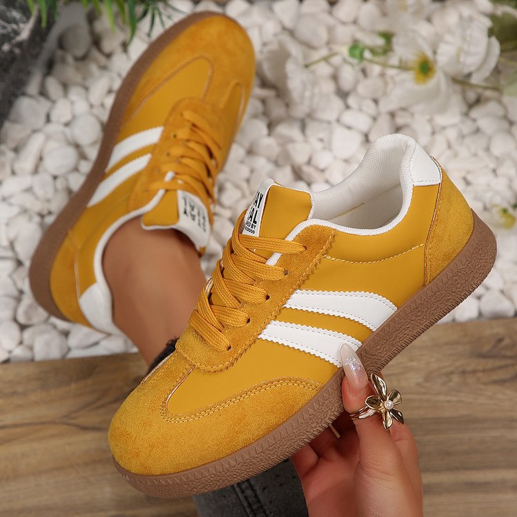 Women's Beige Flat Sneakers - Low-Top, Lace-Up