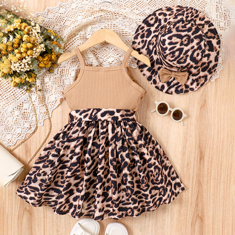 Baoxin children's clothing cross-border European and American summer new small and medium-sized girls suspender lace stitching leopard print dress hat