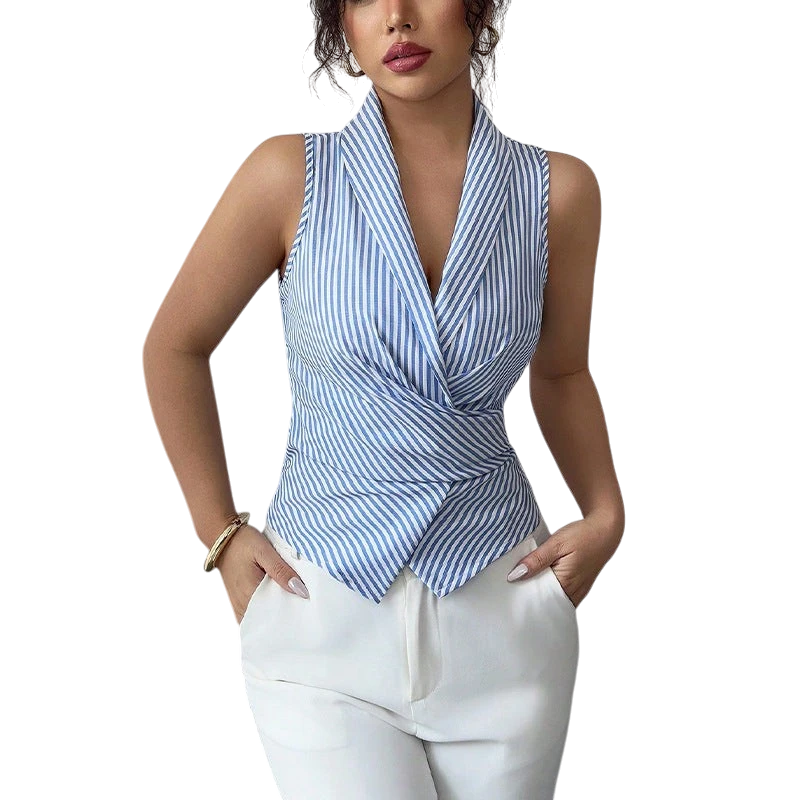 Cross-border European and American striped sleeveless shirt, 2025 summer, tie-waist slimming vest shirt, eBay foreign trade women's clothing