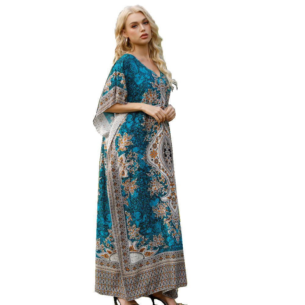 New European and American spring/summer women's bohemian print dress, plus size loose robe, Amazon beach vacation style.