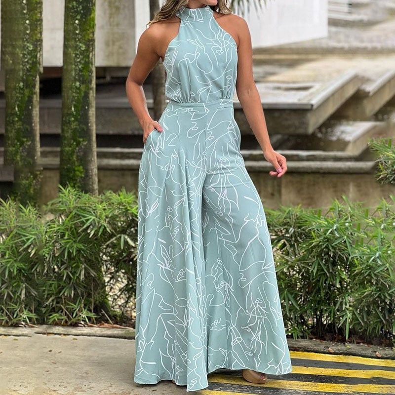 2024 Amazon Cross-Border Summer European and American Women's Clothing INS New Fashion Round Neck Tie-Waist Slim Printed Jumpsuit