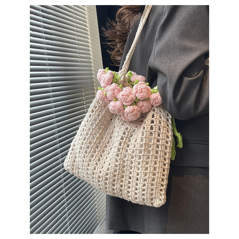 Cross-border rose bouquet blanket bucket bag handmade crochet knitting material kit wool knitting crossbody bag handmade crochet