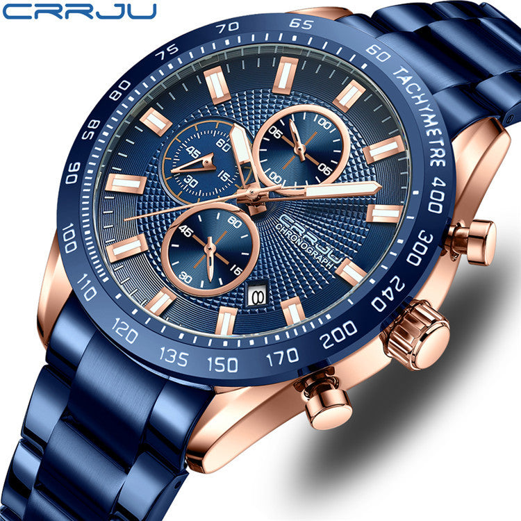 Men's Silver Blue Steel Watch - Waterproof, Calendar