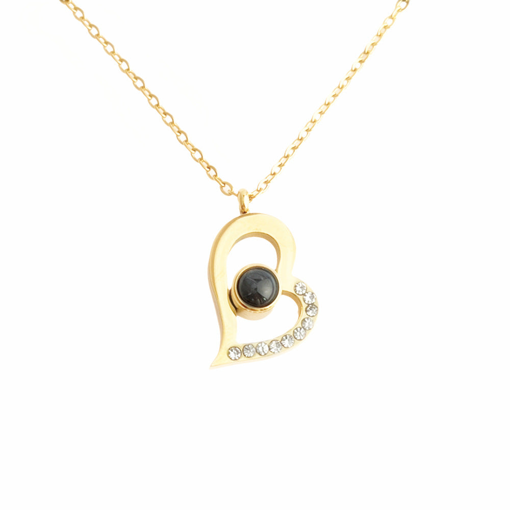 100 Languages S925 Sterling Silver Oblique Heart Memory Love Necklace I Love You Tik Tok Projection Gift No Fading