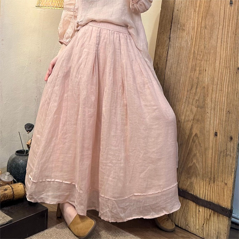 2026 Summer New Retro Niche Pure Ramie Handmade Chinese Style Dress with Folded Buttons and Tie