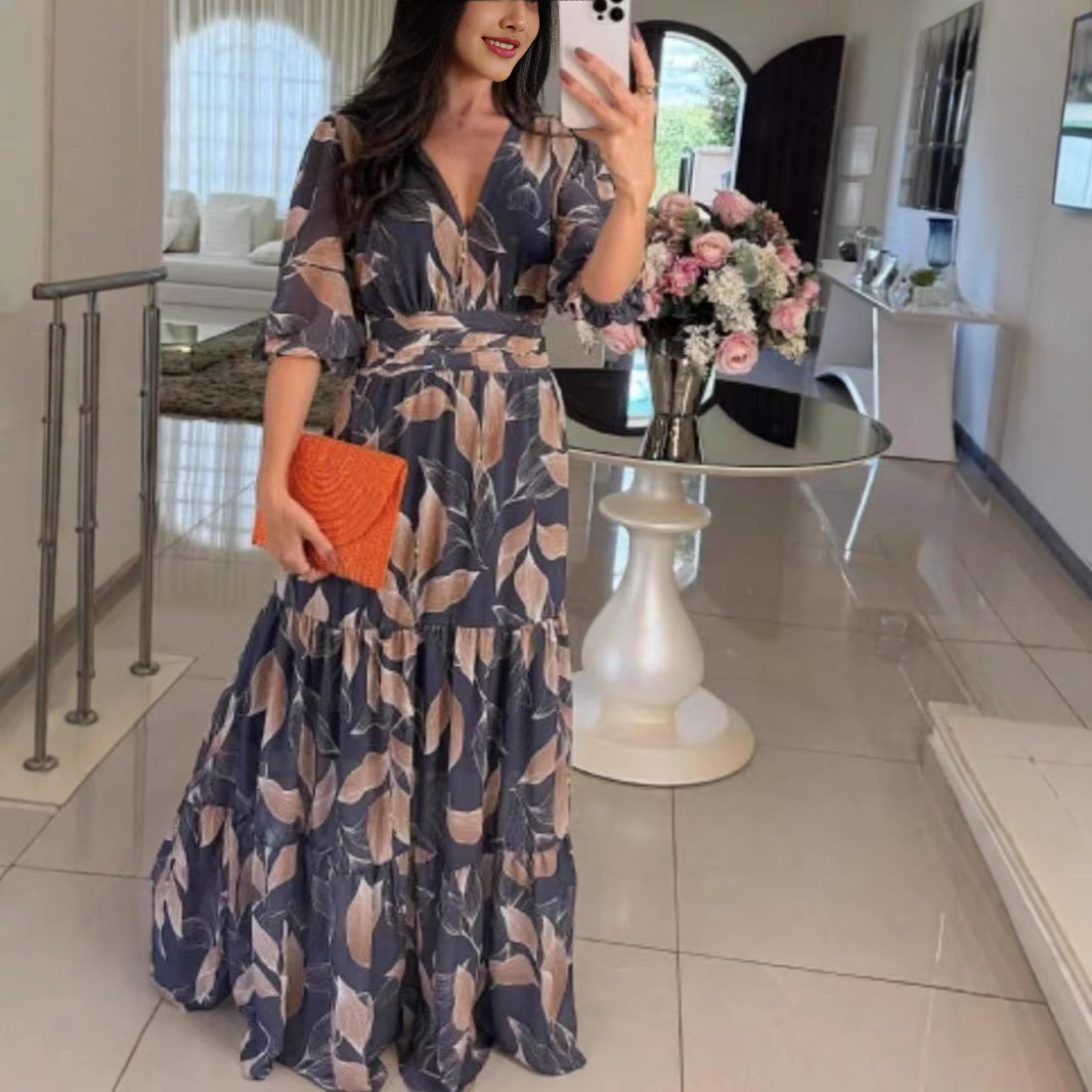 Amazon Foreign Trade 2026 European and American Women's Summer New V-neck Fashionable Elegant Printed Long Dress