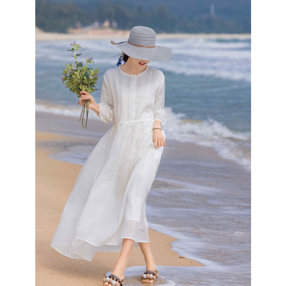 2024 Spring/Summer New Arrival: White Flowy Linen Lace-Trimmed Lantern Sleeve Tie-Waist Slimming Dress