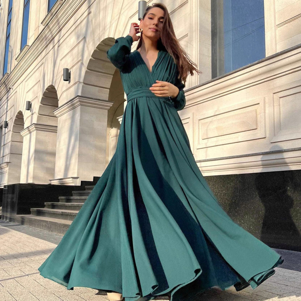 2025 New European and American Cross-Border Foreign Trade Dress, Sexy Deep V Long Sleeve Pleated Dress (eBay, Amazon)