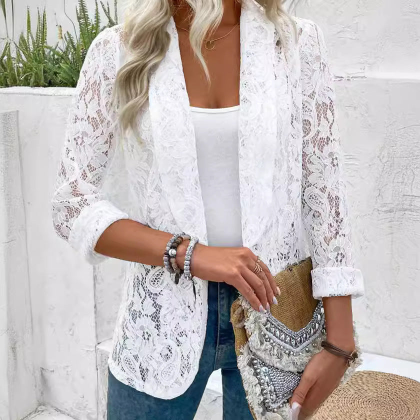 2024 European and American cross-border spring/summer stylish and versatile solid color lace shirt jacket