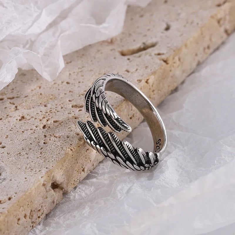 S925 sterling silver European and American retro old feather ring female simple fashion Thai silver jewelry temperament ring wholesale