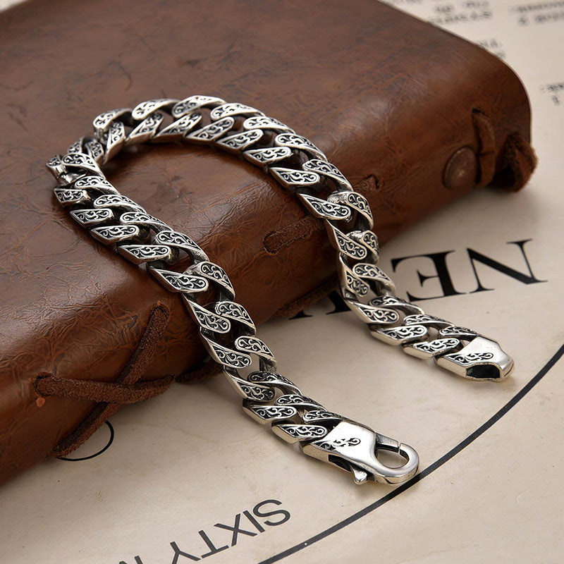 925 Sterling Silver Cuban Silver Bracelet for Men, Vintage Style, Handmade, Light Luxury, Tang Grass Pattern, Men's Jewelry Bracelet