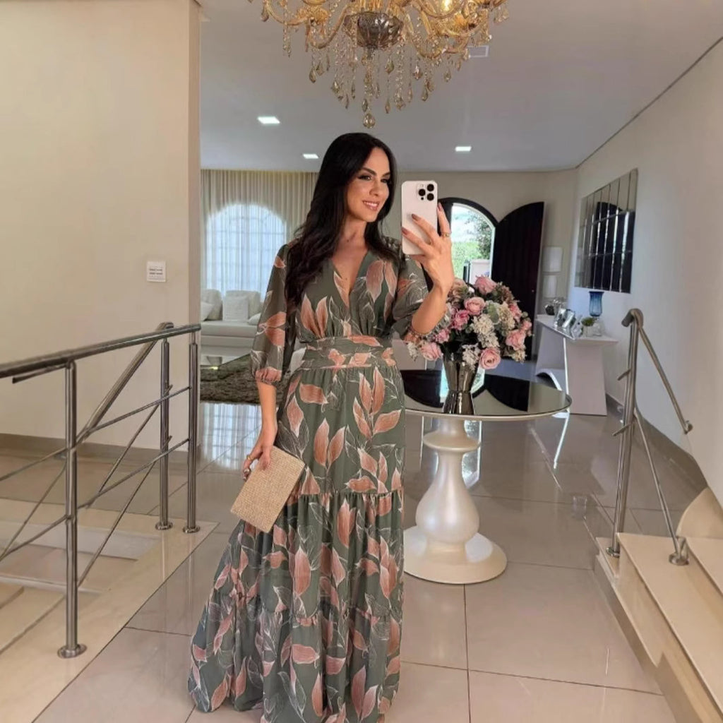 Amazon Foreign Trade 2026 European and American Women's Summer New V-neck Fashionable Elegant Printed Long Dress