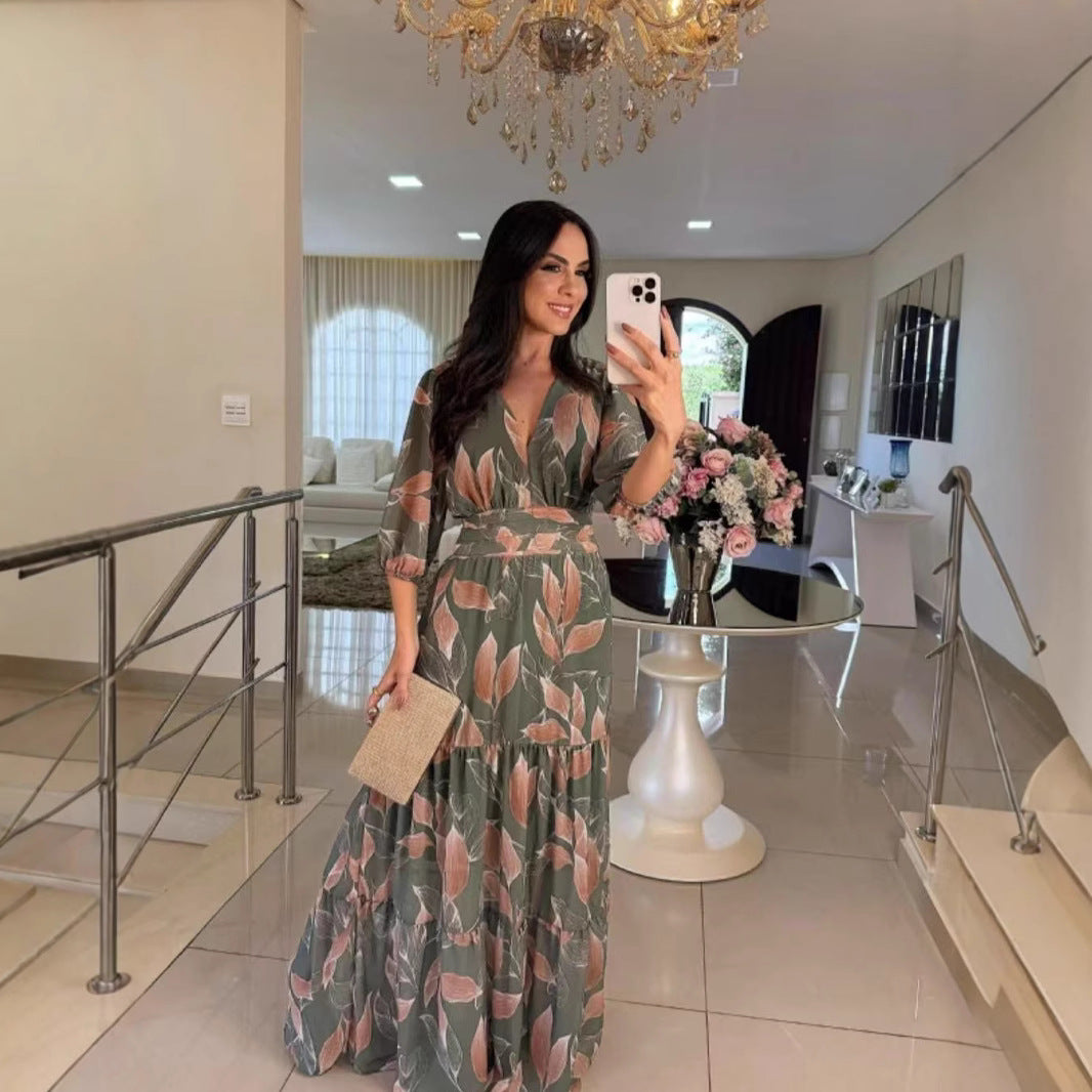 Amazon Foreign Trade 2026 European and American Women's Summer New V-neck Fashionable Elegant Printed Long Dress