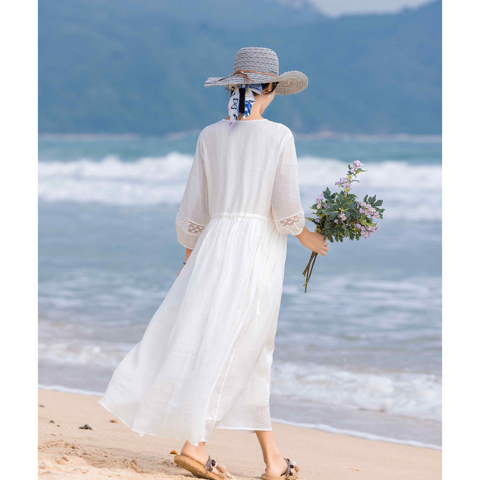 2024 Spring/Summer New Arrival: White Flowy Linen Lace-Trimmed Lantern Sleeve Tie-Waist Slimming Dress