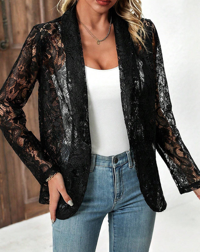 2024 European and American cross-border spring/summer stylish and versatile solid color lace shirt jacket