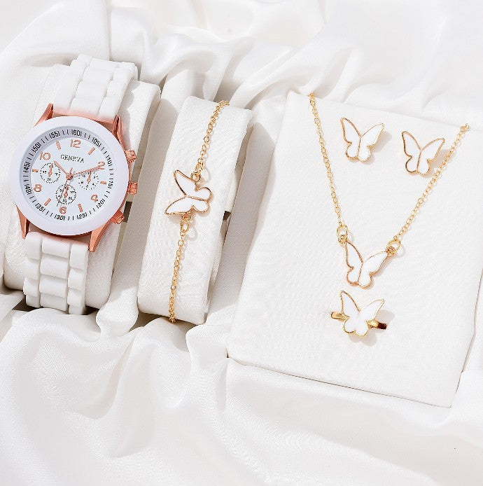 Women's White Heart-Design Quartz Watch - Silicone Strap