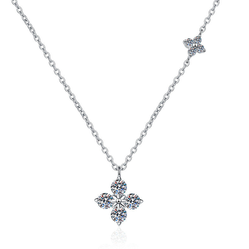 S925 Sterling Silver Four-Leaf Clover Clavicle Necklace with 1.2 Carat Moissanite Pendant - High-End Style, Niche Luxury, Colorfast