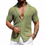 Men's White Knit Cardigan Shirt – Short Sleeve | Aladinae