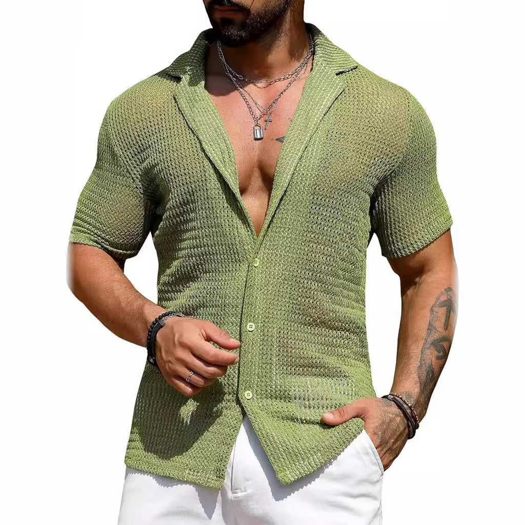 Men's White Knit Cardigan Shirt – Short Sleeve | Aladinae