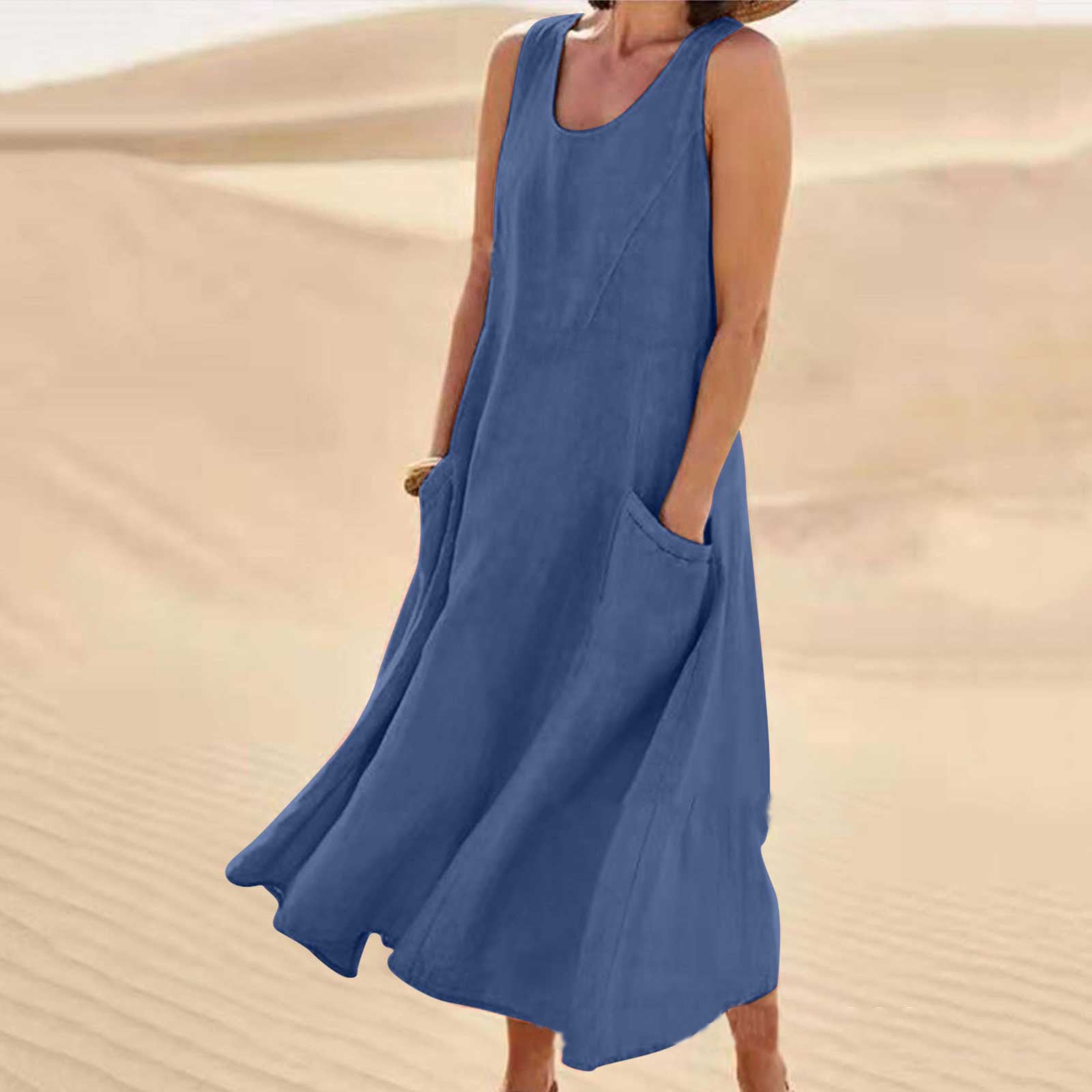 Amazon independent station wish2023 summer European and American foreign trade pocket sleeveless round neck women's cotton and linen dress