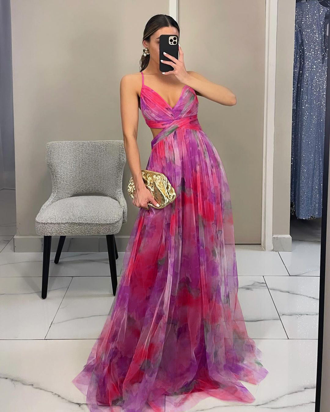 Cross-border 2025 European and American Spring/Summer New Mesh Printed Sundress, INS Vacation Casual Party Dress