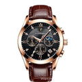 Men's Rose Gold Black Quartz Watch - Leather Strap, Calendar