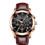 Men's Rose Gold Black Quartz Watch - Leather Strap, Calendar