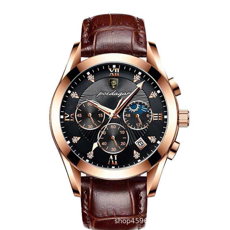 Men's Rose Gold Black Quartz Watch - Leather Strap, Calendar
