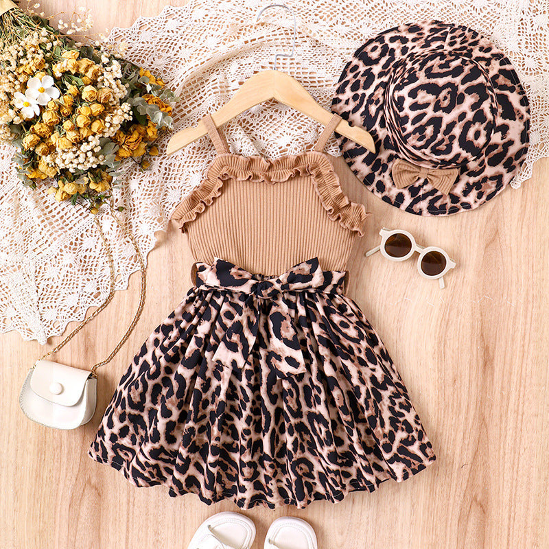 Baoxin children's clothing cross-border European and American summer new small and medium-sized girls suspender lace stitching leopard print dress hat