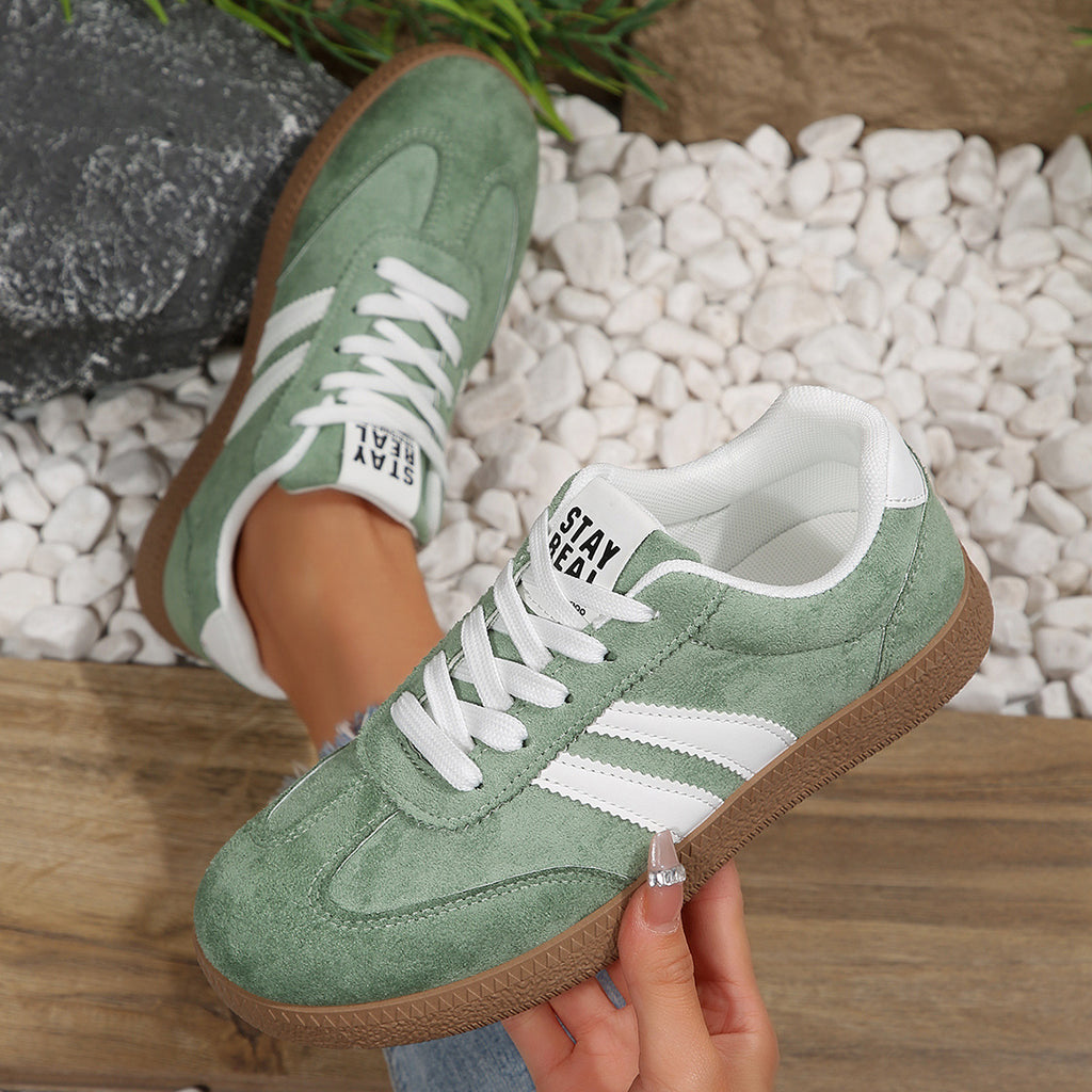 Women's Beige Flat Sneakers - Low-Top, Lace-Up