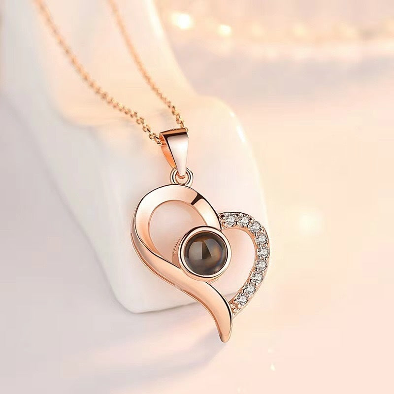 100 Languages S925 Sterling Silver Oblique Heart Memory Love Necklace I Love You Tik Tok Projection Gift No Fading