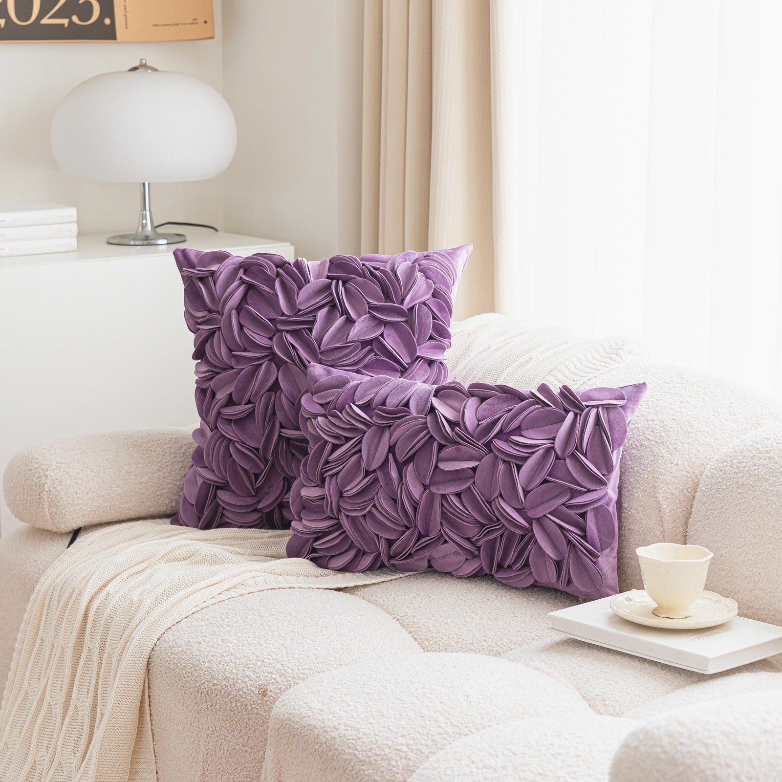 New minimalist luxury style handmade decorative pillowcase, solid color petal-patterned double-layered sofa cushion/bed backrest.