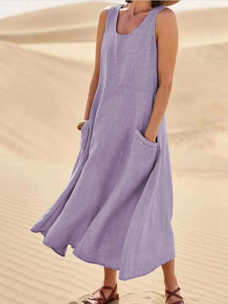 Amazon independent station wish2023 summer European and American foreign trade pocket sleeveless round neck women's cotton and linen dress