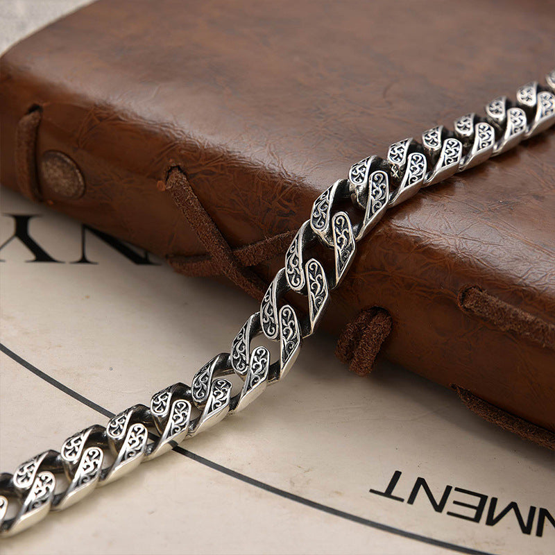 925 Sterling Silver Cuban Silver Bracelet for Men, Vintage Style, Handmade, Light Luxury, Tang Grass Pattern, Men's Jewelry Bracelet