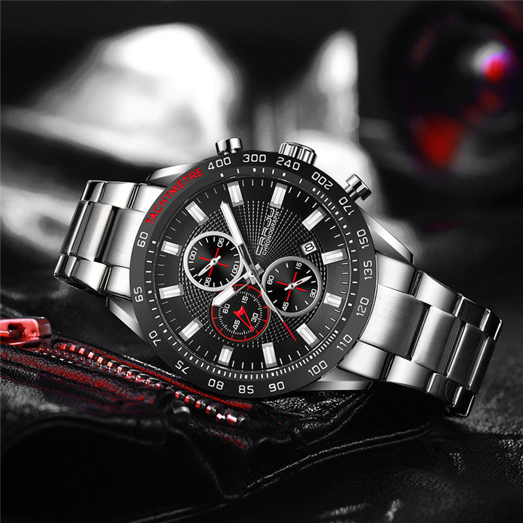 Men's Silver Blue Steel Watch - Waterproof, Calendar