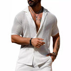 Men's White Knit Cardigan Shirt – Short Sleeve | Aladinae