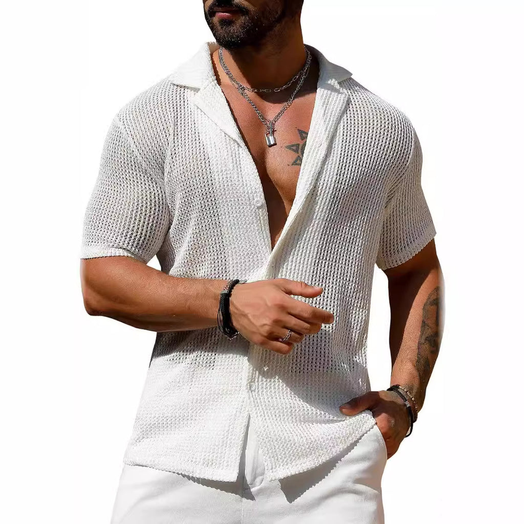 Men's White Knit Cardigan Shirt – Short Sleeve | Aladinae