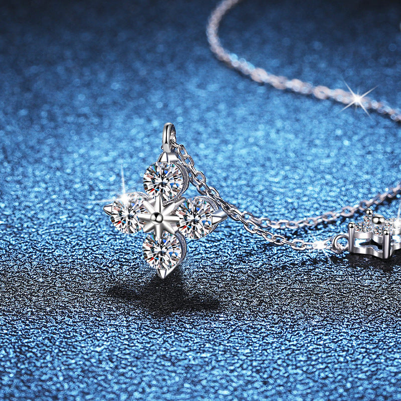 S925 Sterling Silver Four-Leaf Clover Clavicle Necklace with 1.2 Carat Moissanite Pendant - High-End Style, Niche Luxury, Colorfast
