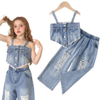 Foreign trade cross-border European and American summer sweet cool girl suits, irregular suspenders for middle-aged children, ripped denim pants suits
