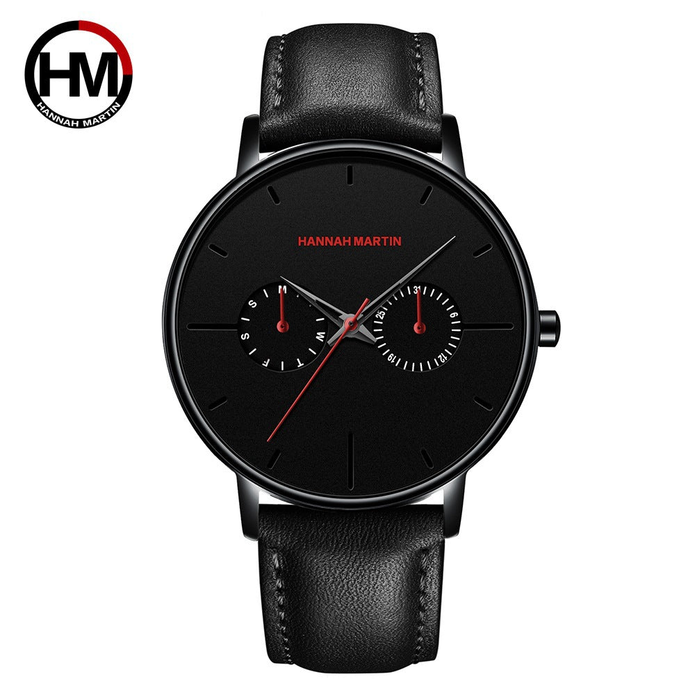 Men's multifunctional waterproof quartz watch top layer cowhide watch student trend niche brand ins business watch