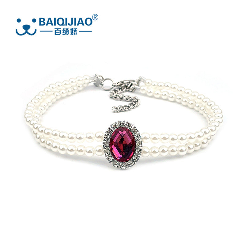 Amazon pet double row vertical pearl rhinestone collar for cats and dogs, adjustable necklace, cute accessories