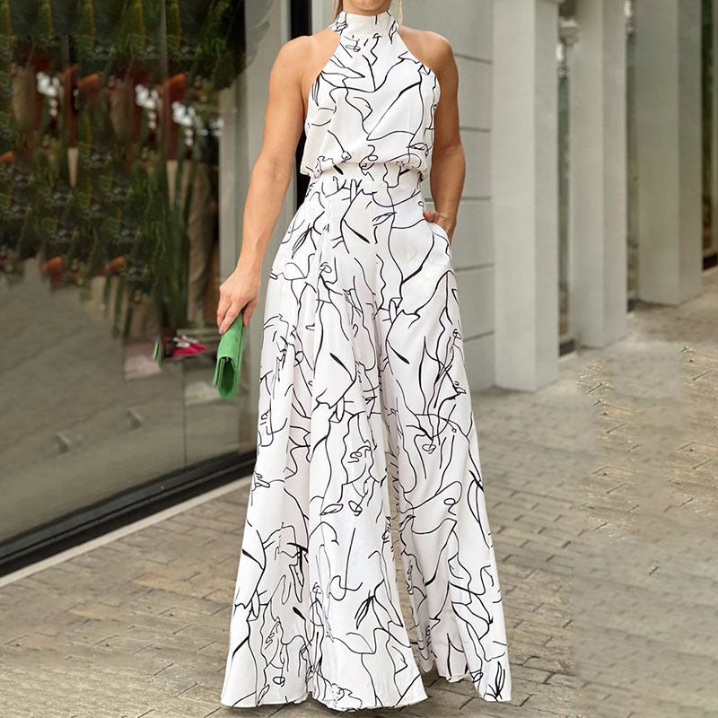 2024 Amazon Cross-Border Summer European and American Women's Clothing INS New Fashion Round Neck Tie-Waist Slim Printed Jumpsuit