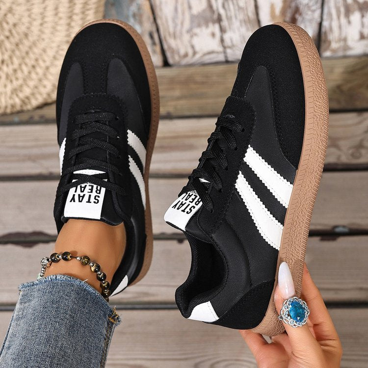 Women's Beige Flat Sneakers - Low-Top, Lace-Up