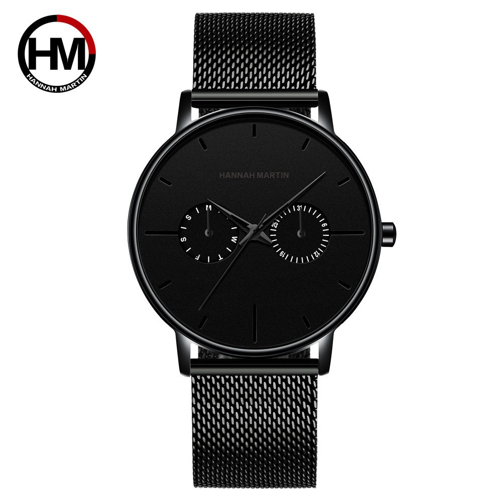 Men's multifunctional waterproof quartz watch top layer cowhide watch student trend niche brand ins business watch