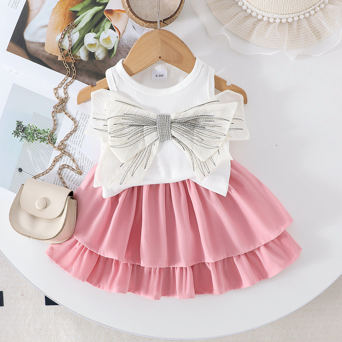 Foreign trade cross-border European and American summer cute girl suits small and medium children's bow decorated sleeveless tops and tutu skirts