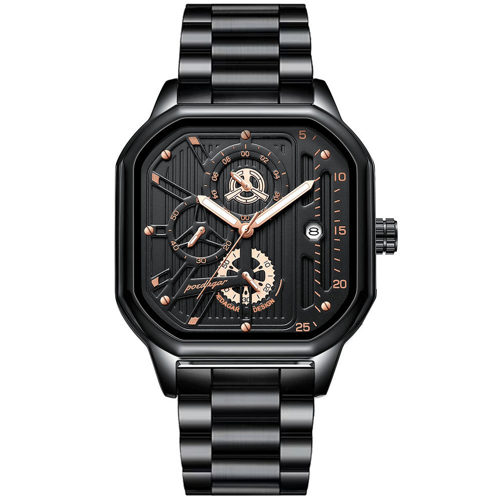 Men's Black Square Dial Quartz Watch - Leather, Waterproof