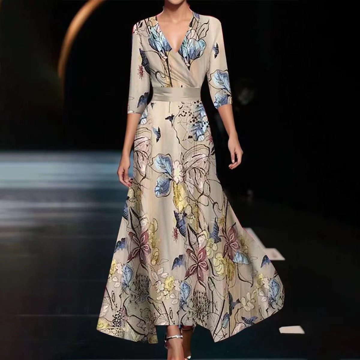 2024 summer new European and American cross-border Amazon temperament women's clothing cross V-neck three-quarter sleeve women's long dress