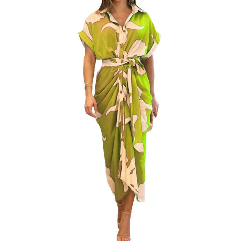 European and American cross-border 2024 Amazon summer new women's clothing printed lapel short-sleeved waist long shirt dress